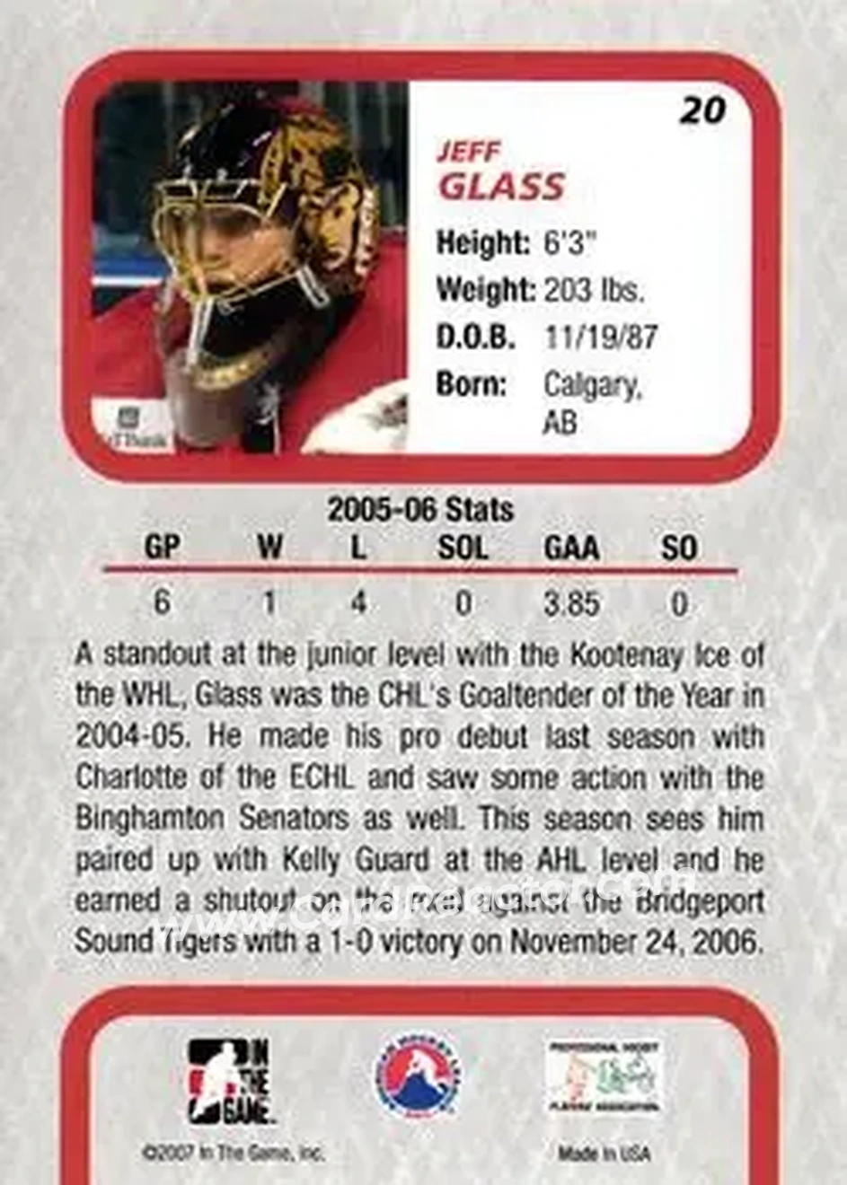 2006-07 In The Game Between The Pipes #20 - Jeff Glass - Binghamton Senators - Back