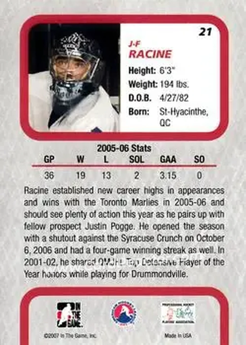 2006-07 In The Game Between The Pipes #21 - Jean-Francois Racine - Toronto Marlies - Back