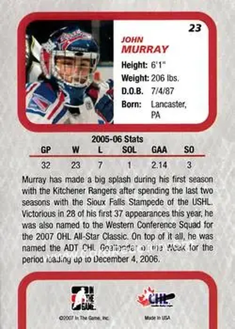 2006-07 In The Game Between The Pipes #23 - John Murray - Kitchener Rangers - Back