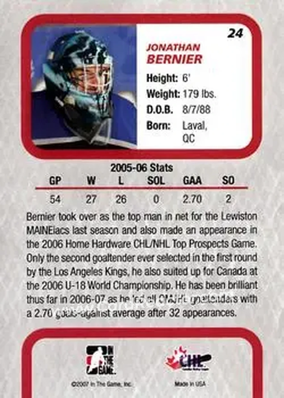 2006-07 In The Game Between The Pipes #24 - Jonathan Bernier - Lewiston Maineiacs - Back 2006-07 In The Game Between The Pipes #24 - Jonathan Bernier - Lewiston Maineiacs - Back