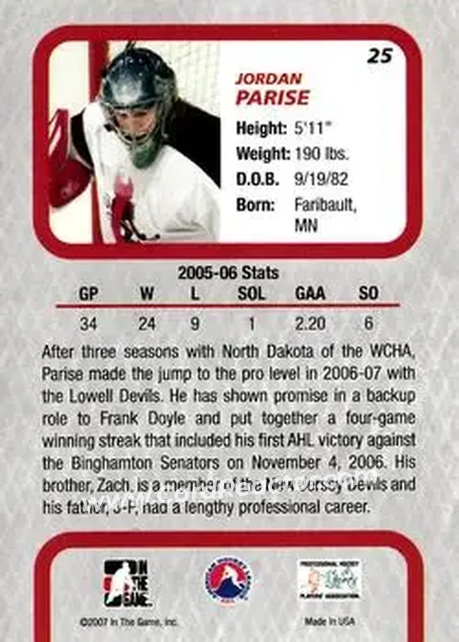 2006-07 In The Game Between The Pipes #25 - Jordan Parise - Lowell Devils - Back