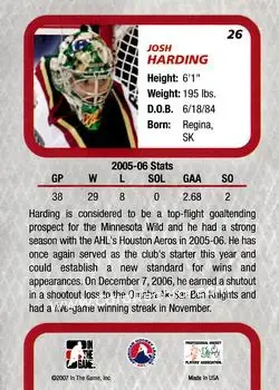 2006-07 In The Game Between The Pipes #26 - Josh Harding - Houston Aeros - Back