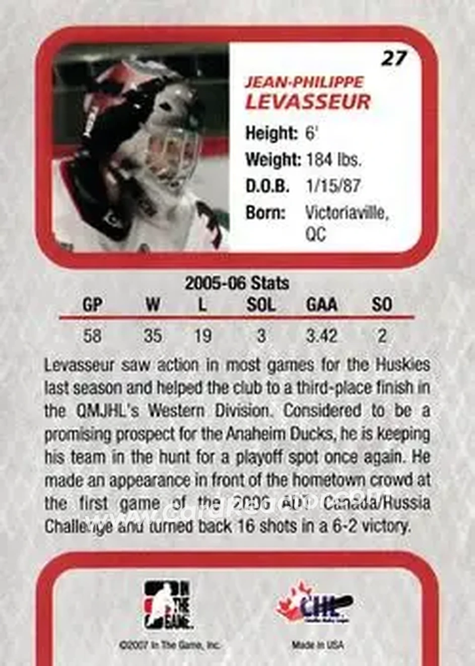 2006-07 In The Game Between The Pipes #27 - Jean-Philippe Levasseur - Rouyn-Noranda Huskies - Back