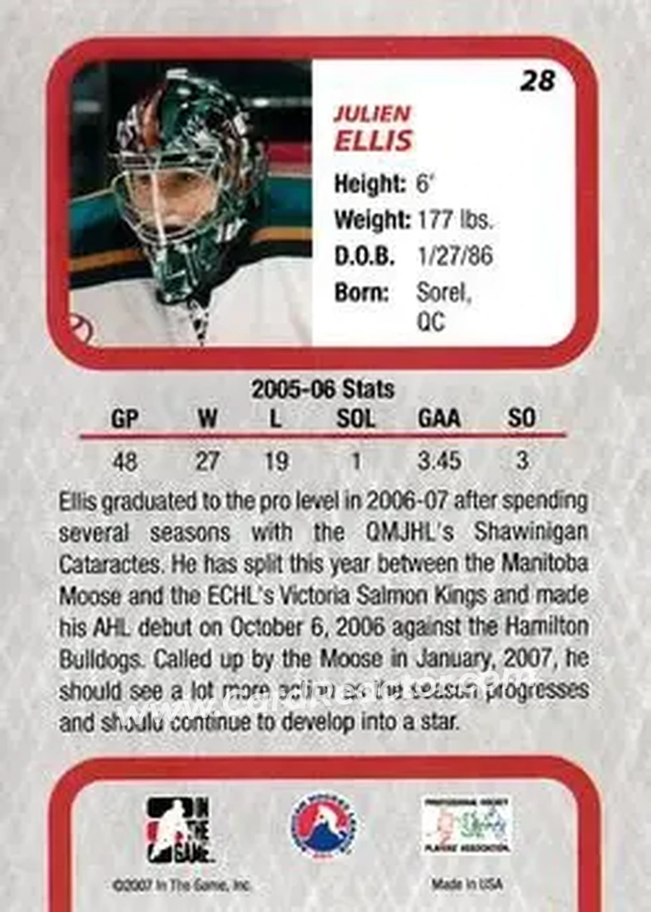 2006-07 In The Game Between The Pipes #28 - Julien Ellis - Manitoba Moose - Back