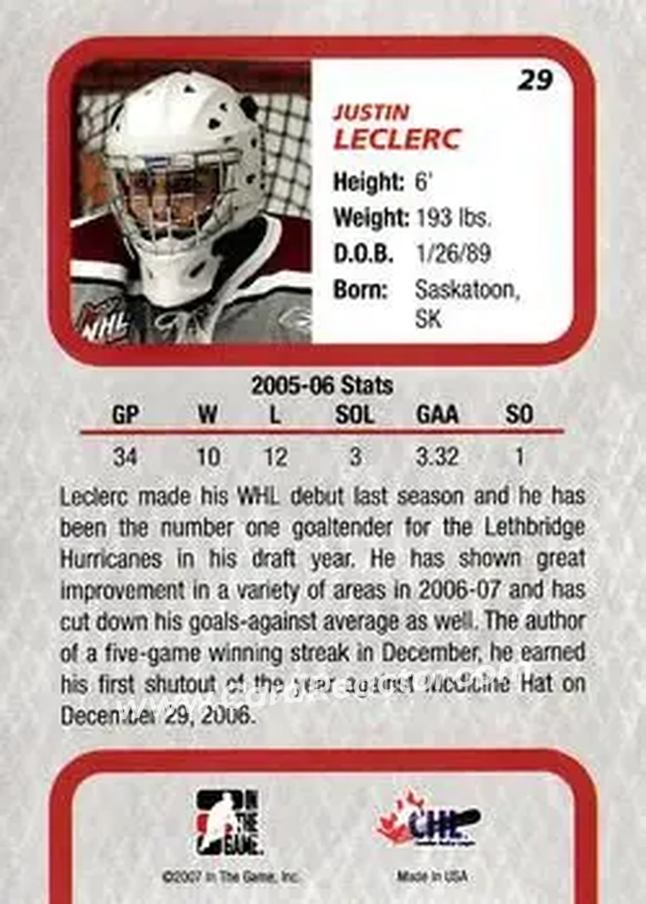 2006-07 In The Game Between The Pipes #29 - Justin Leclerc - Lethbridge Hurricanes - Back