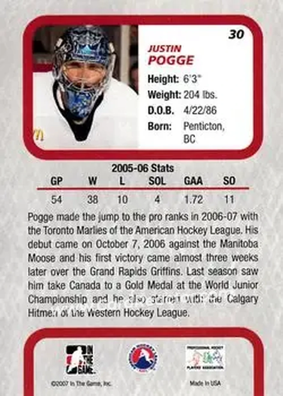 2006-07 In The Game Between The Pipes #30 - Justin Pogge - Toronto Marlies - Back 2006-07 In The Game Between The Pipes #30 - Justin Pogge - Toronto Marlies - Back