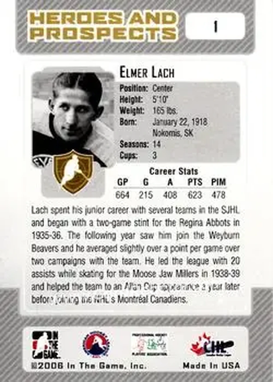 2006-07 In The Game Heroes and Prospects #1 - Elmer Lach - Weyburn Beavers - Back