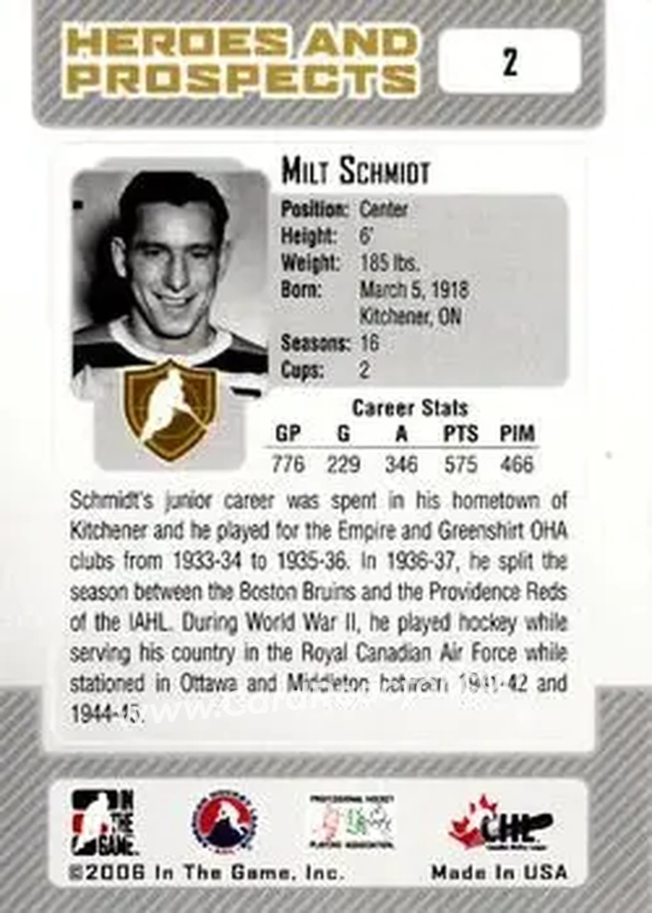 2006-07 In The Game Heroes and Prospects #2 - Milt Schmidt - Providence Reds - Back