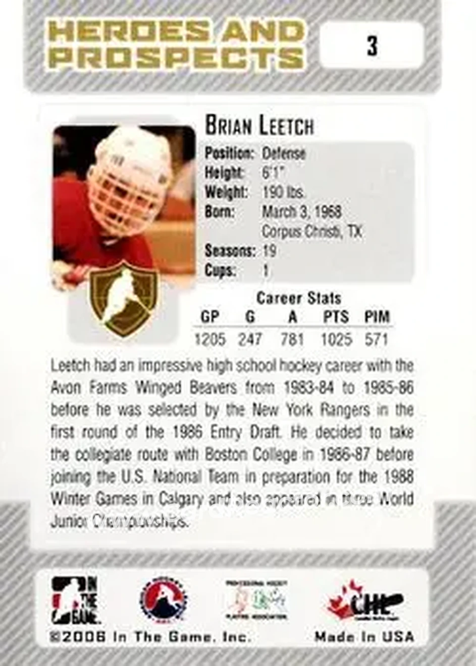 2006-07 In The Game Heroes and Prospects #3 - Brian Leetch - Avon Old Farms Winged Beavers - Back 2006-07 In The Game Heroes and Prospects #3 - Brian Leetch - Avon Old Farms Winged Beavers - Back