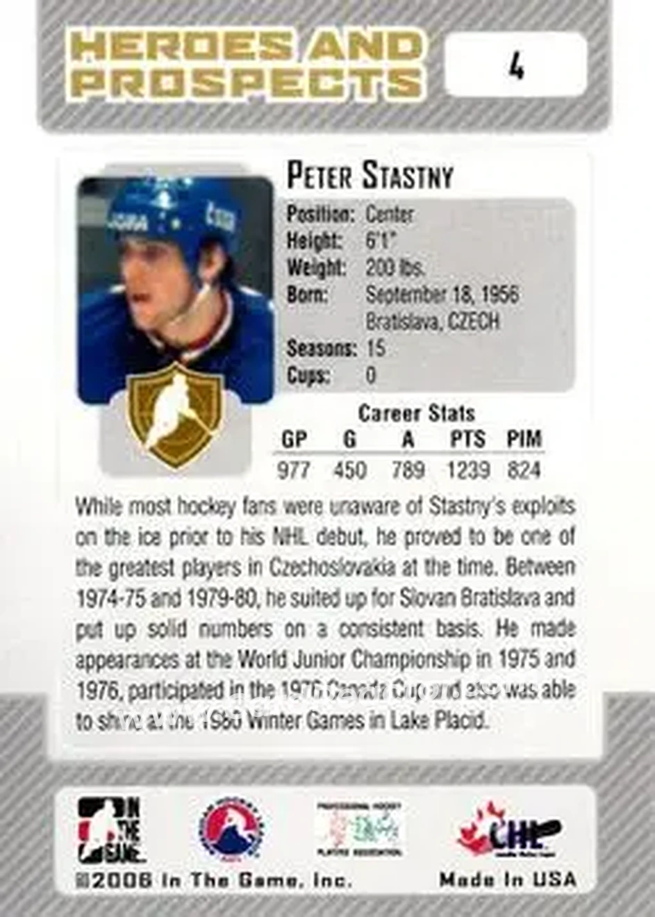 2006-07 In The Game Heroes and Prospects #4 - Peter Stastny - Slovan Bratislava - Back