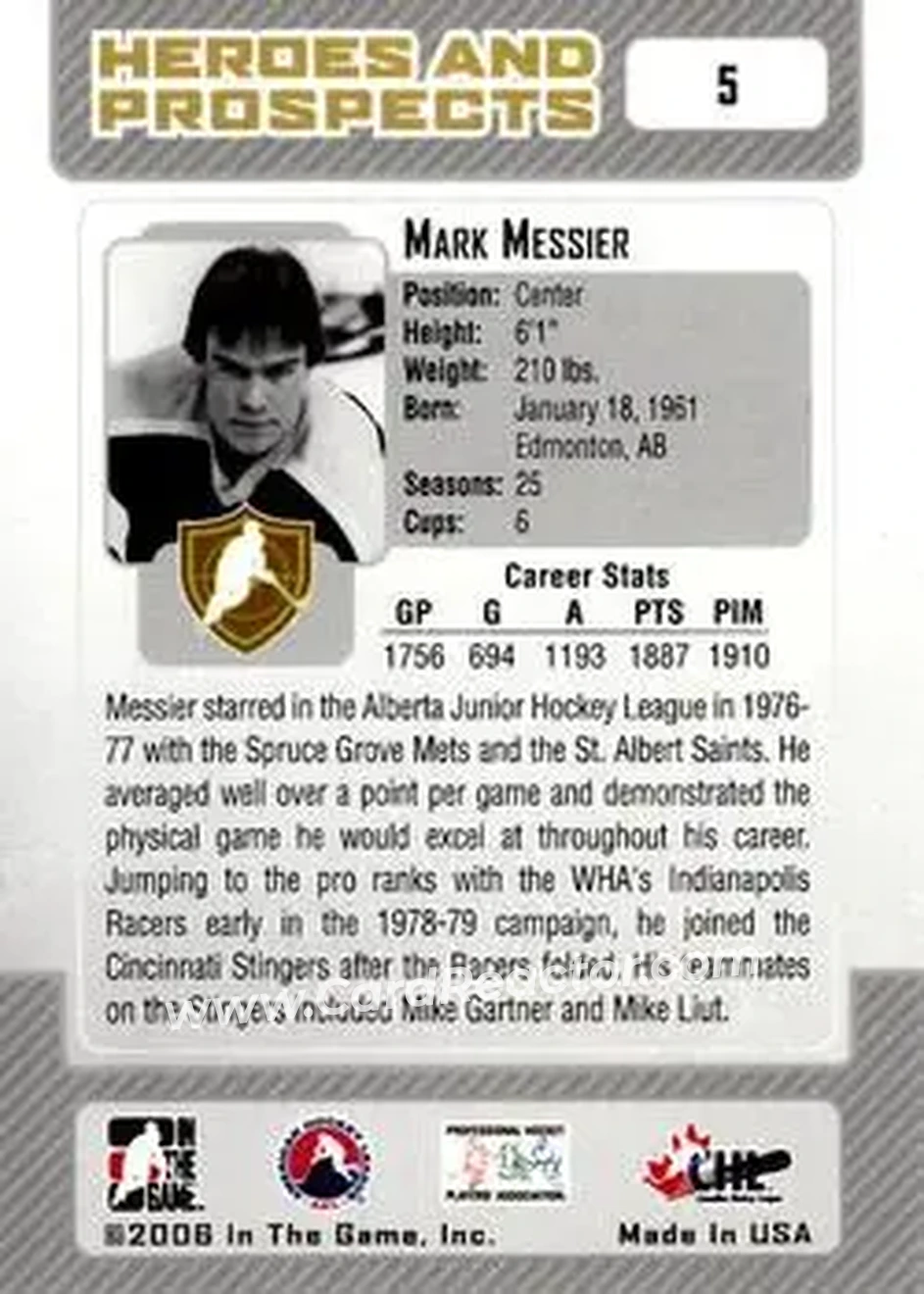 2006-07 In The Game Heroes and Prospects #5 - Mark Messier - Cincinnati Stingers - Back