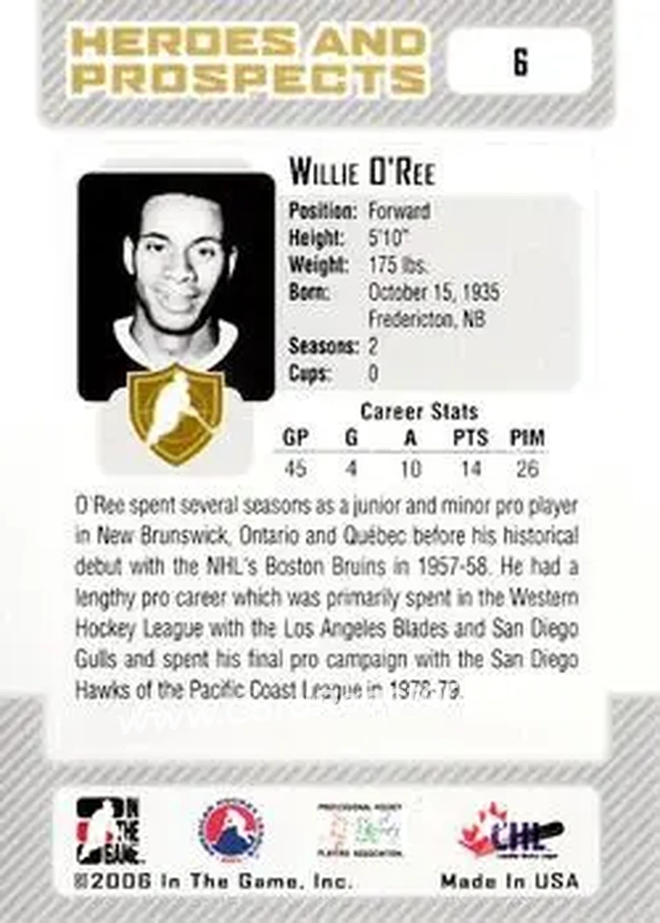 2006-07 In The Game Heroes and Prospects #6 - Willie O'Ree - Los Angeles Blades - Back