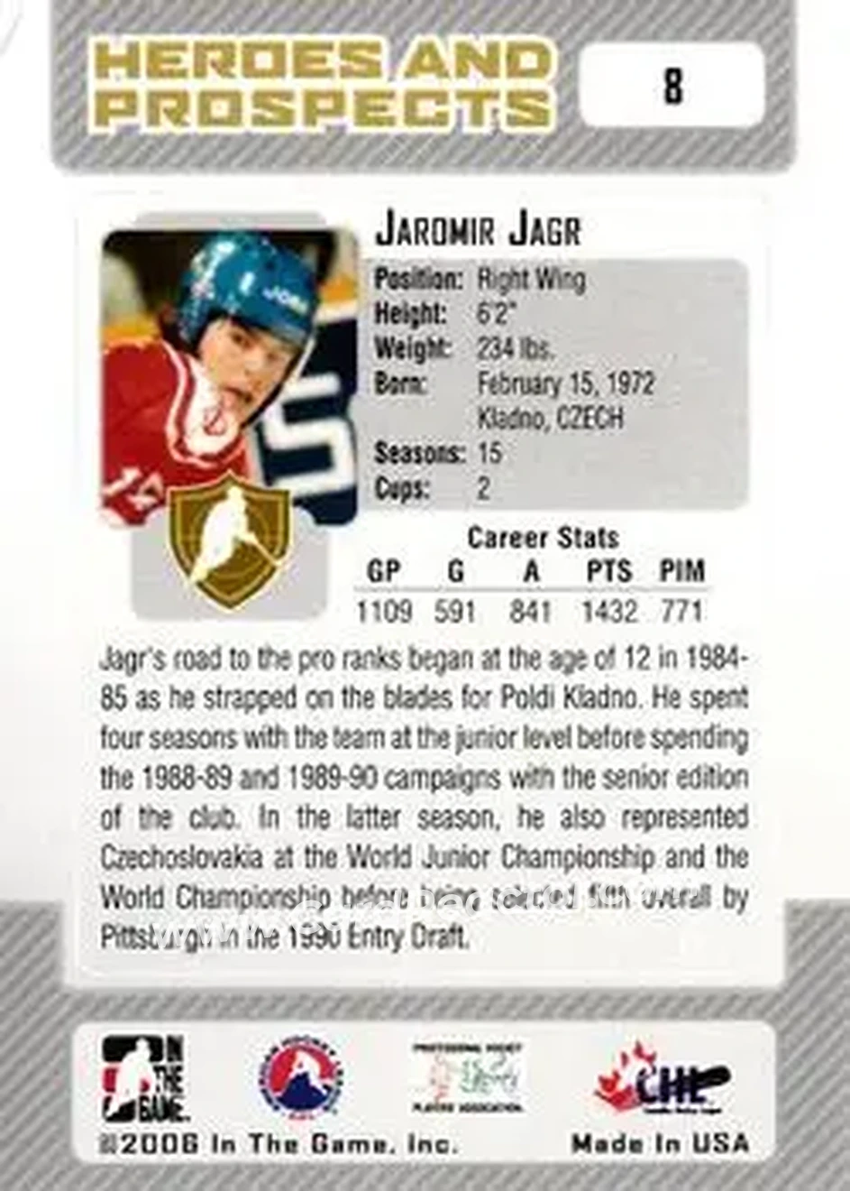 2006-07 In The Game Heroes and Prospects #8 - Jaromir Jagr - Czechoslovakia - Back 2006-07 In The Game Heroes and Prospects #8 - Jaromir Jagr - Czechoslovakia - Back