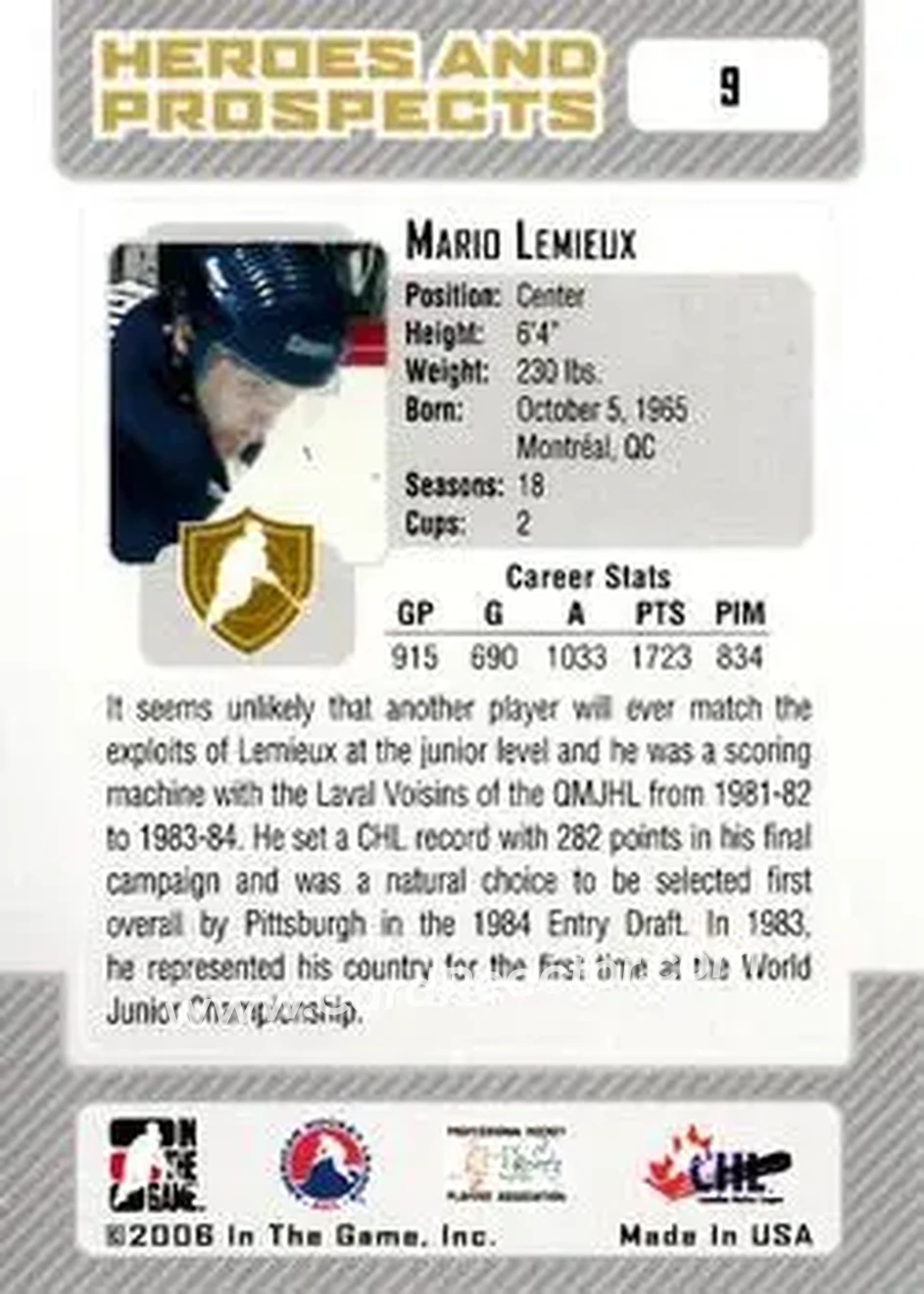 2006-07 In The Game Heroes and Prospects #9 - Mario Lemieux - Laval Voisins - Back 2006-07 In The Game Heroes and Prospects #9 - Mario Lemieux - Laval Voisins - Back