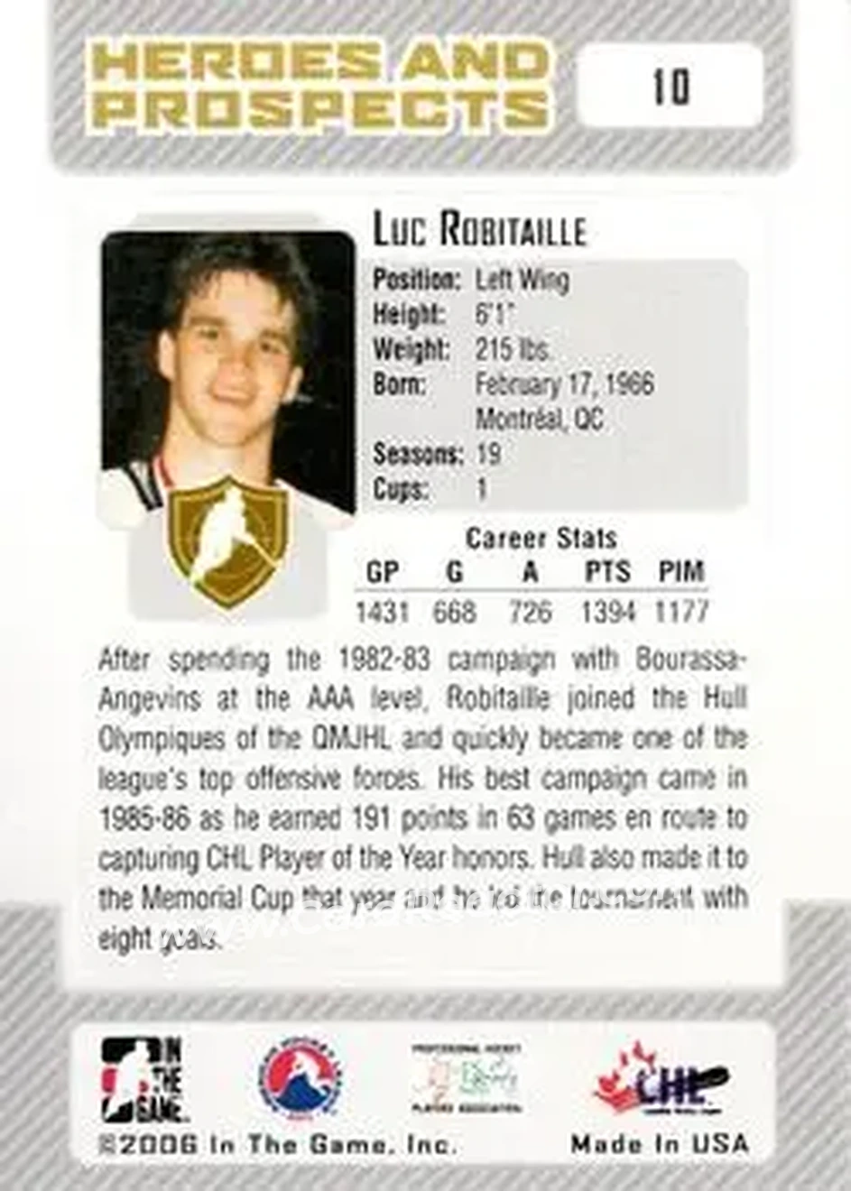 2006-07 In The Game Heroes and Prospects #10 - Luc Robitaille - Hull Olympiques - Back