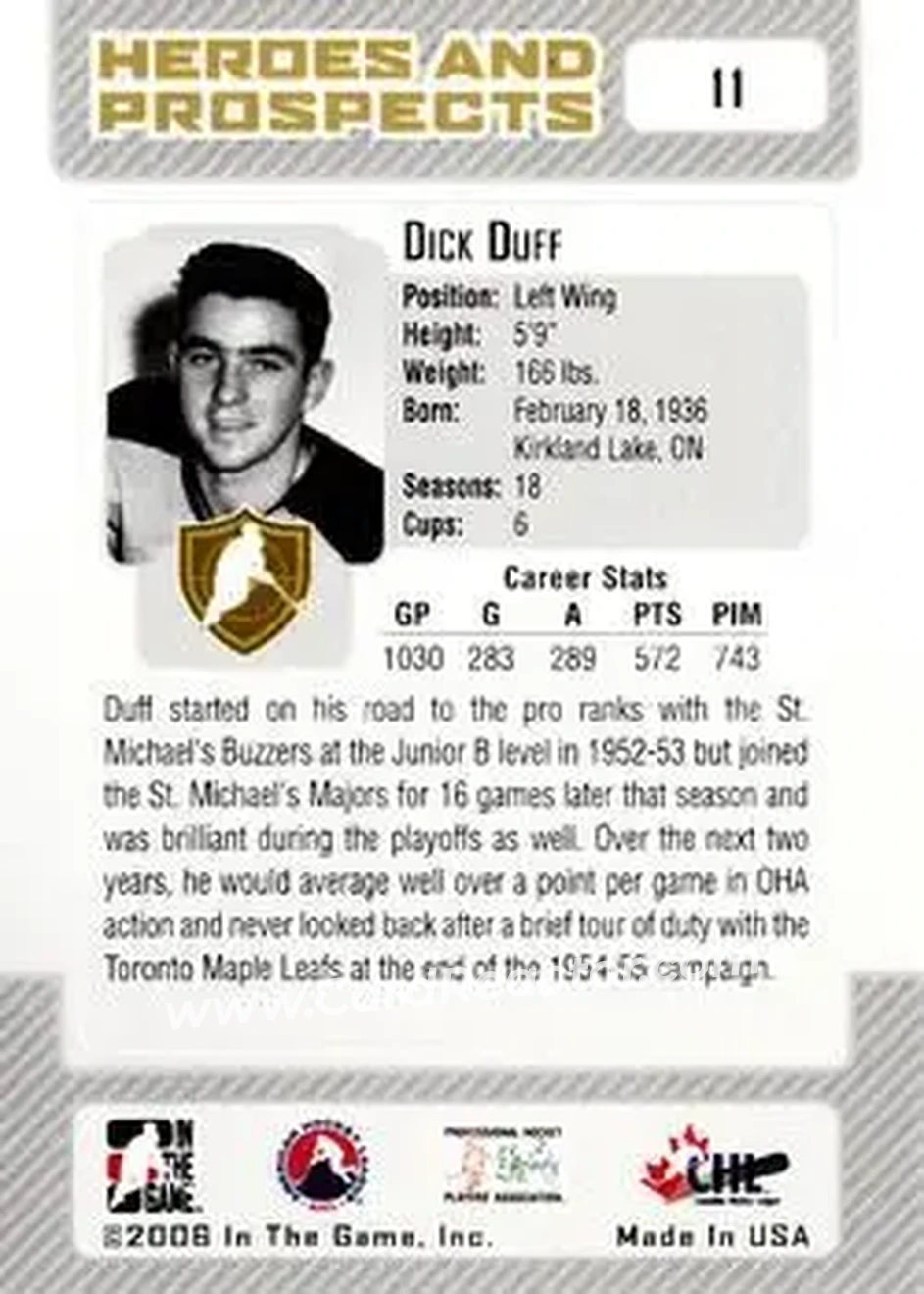 2006-07 In The Game Heroes and Prospects #11 - Dick Duff - Toronto St. Michael's Majors - Back