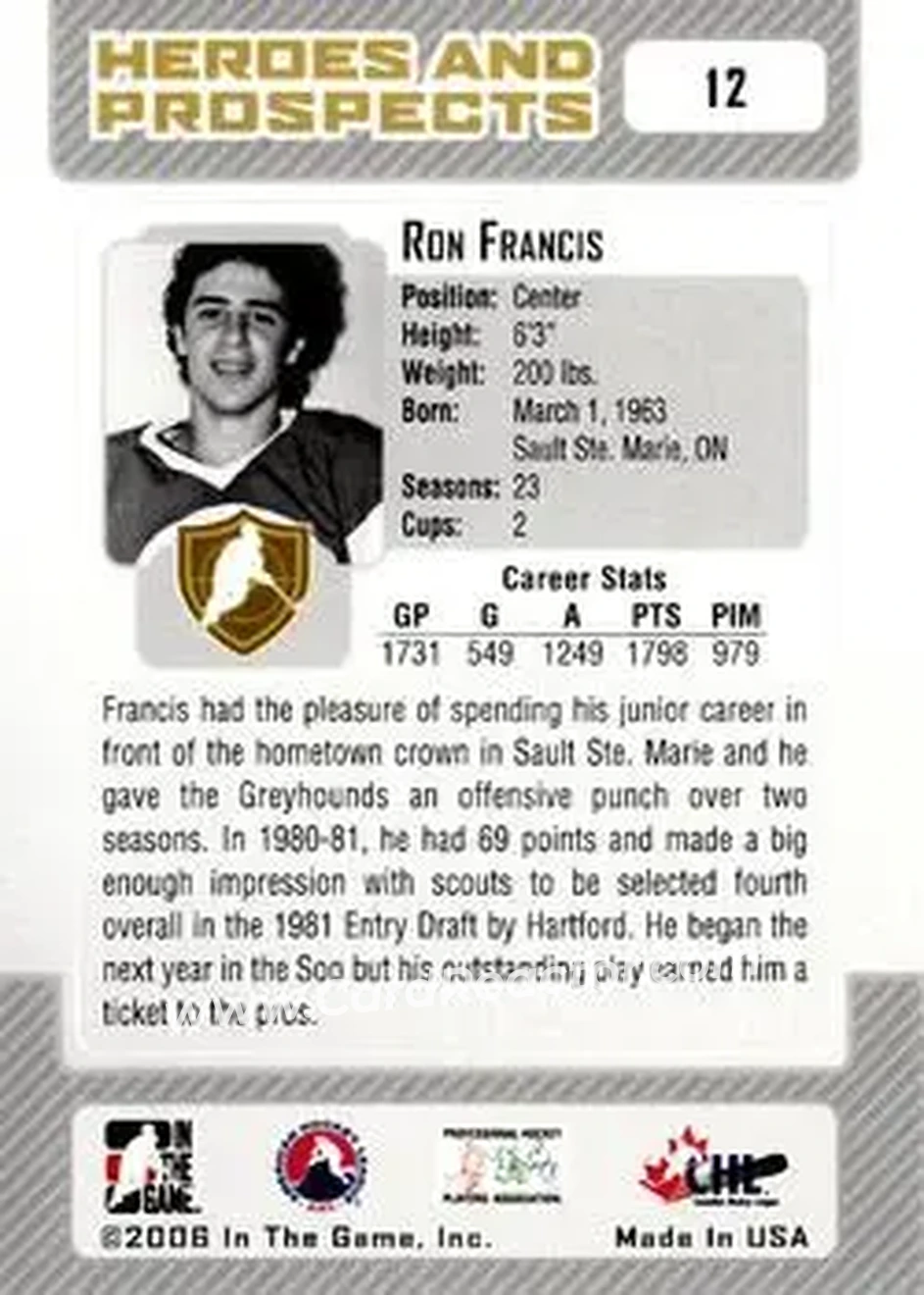 2006-07 In The Game Heroes and Prospects #12 - Ron Francis - Sault Ste. Marie Greyhounds - Back