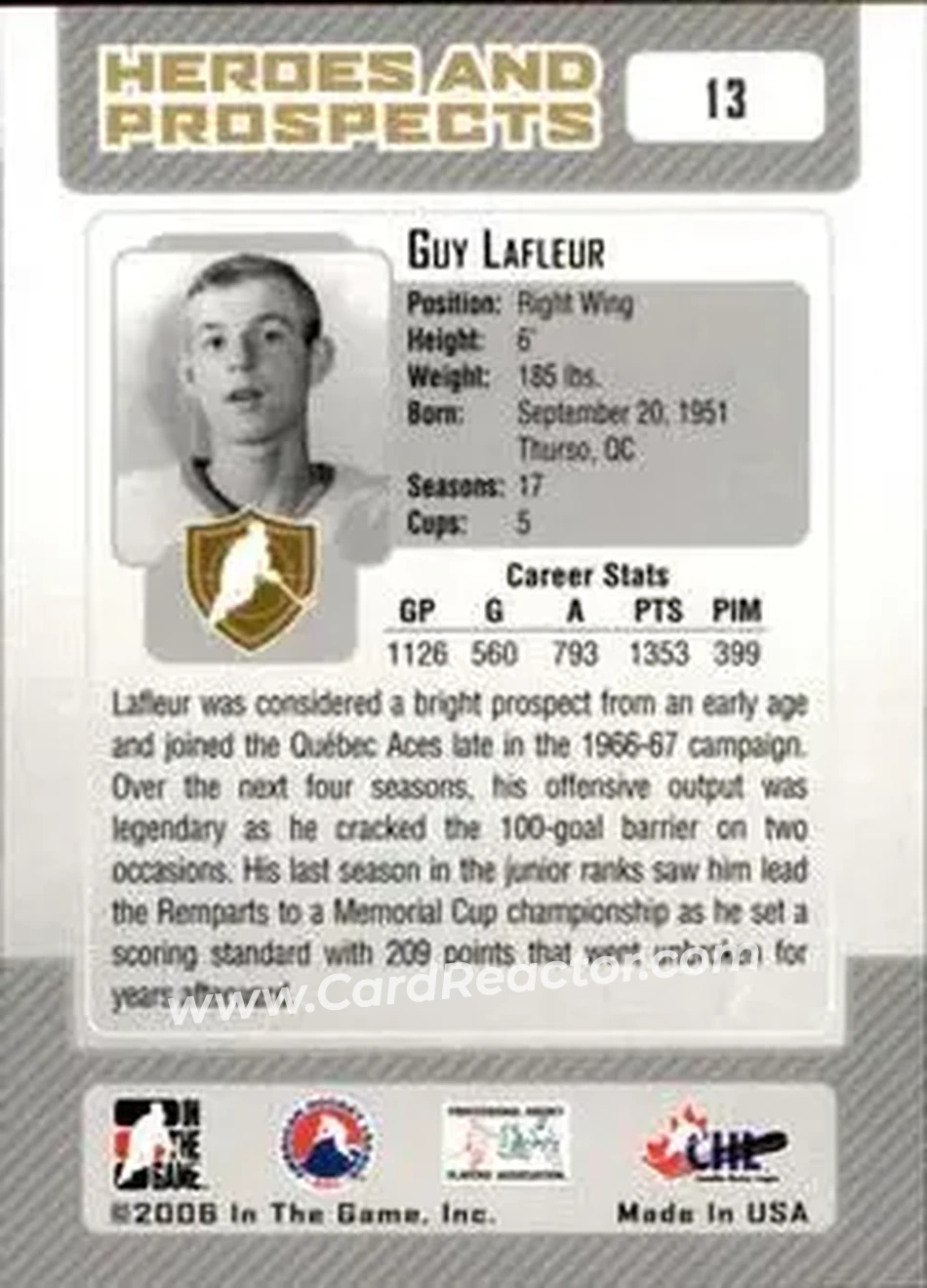 2006-07 In The Game Heroes and Prospects #13 - Guy Lafleur - Quebec Remparts - Back