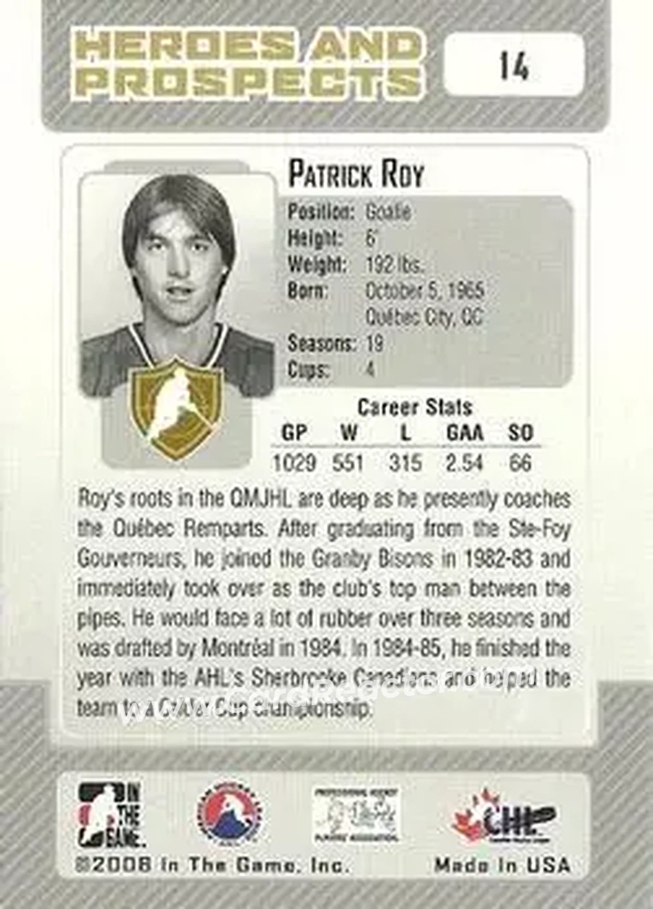 2006-07 In The Game Heroes and Prospects #14 - Patrick Roy - Sherbrooke Canadiens - Back