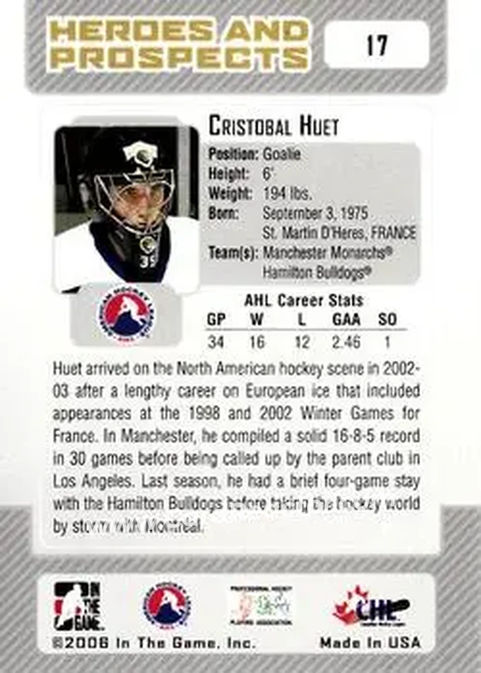 2006-07 In The Game Heroes and Prospects #17 - Cristobal Huet - Manchester Monarchs - Back