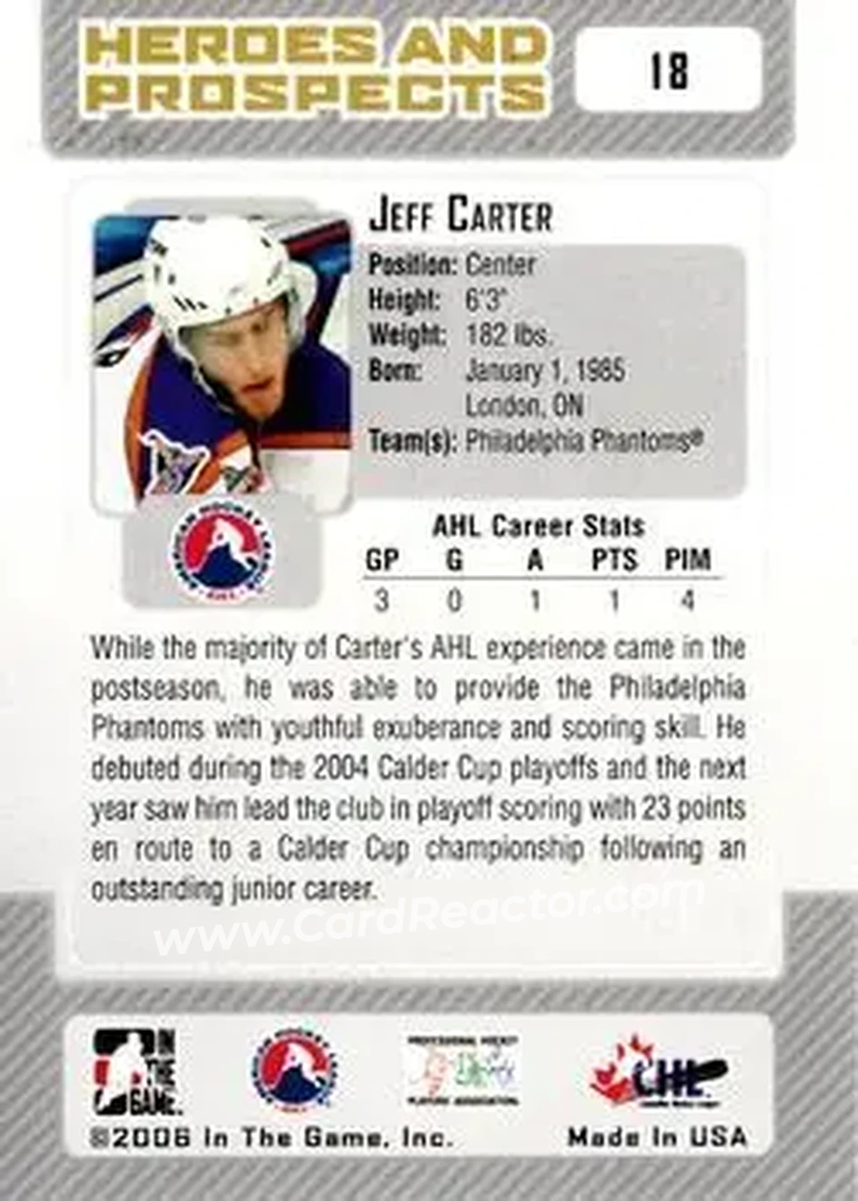 2006-07 In The Game Heroes and Prospects #18 - Jeff Carter - Philadelphia Phantoms - Back