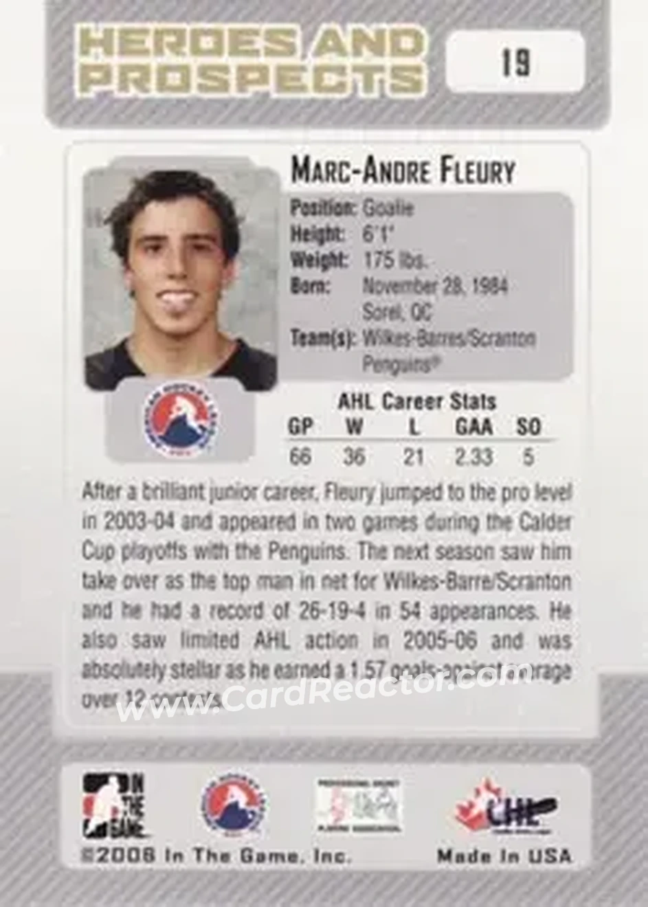 2006-07 In The Game Heroes and Prospects #19 - Marc-Andre Fleury - Wilkes-Barre/Scranton Penguins - Back