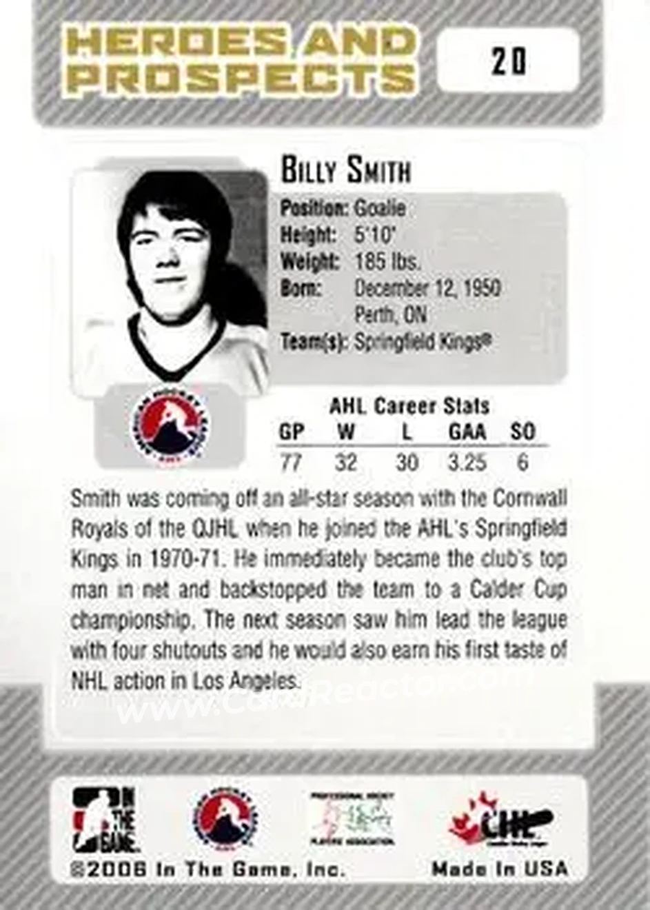 2006-07 In The Game Heroes and Prospects #20 - Bill Smith - Springfield Kings - Back