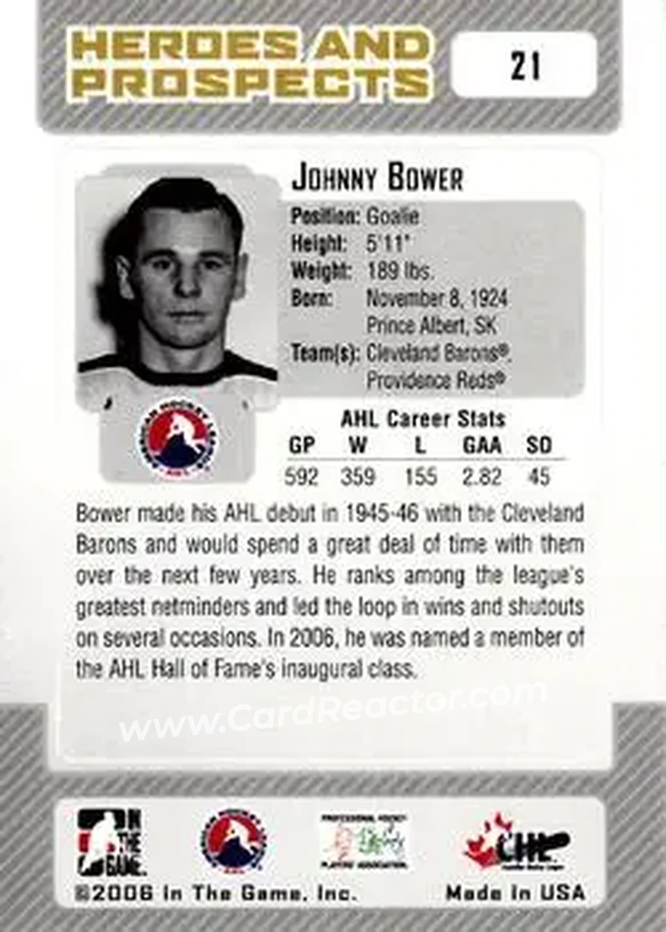 2006-07 In The Game Heroes and Prospects #21 - John Bower - Cleveland Barons - Back