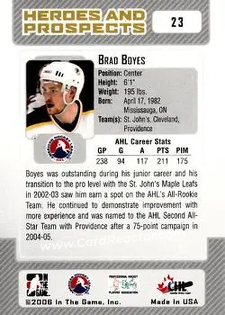 2006-07 In The Game Heroes and Prospects #23 - Brad Boyes - Providence Bruins - Back