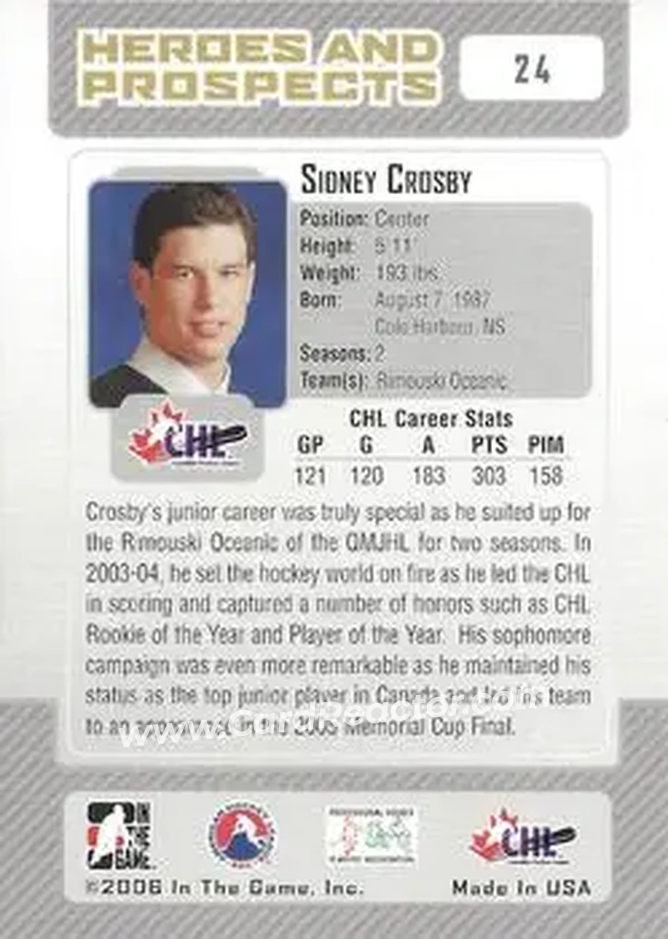 2006-07 In The Game Heroes and Prospects #24 - Sidney Crosby - Rimouski Oceanic - Back
