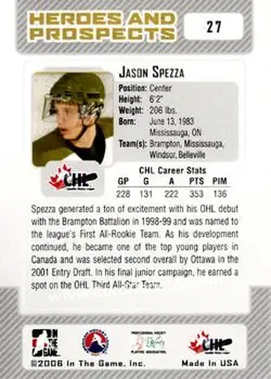 2006-07 In The Game Heroes and Prospects #27 - Jason Spezza - Brampton Battalion - Back 2006-07 In The Game Heroes and Prospects #27 - Jason Spezza - Brampton Battalion - Back