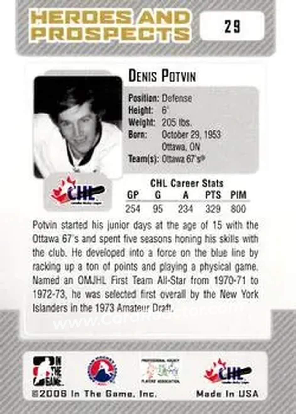 2006-07 In The Game Heroes and Prospects #29 - Denis Potvin - Ottawa 67's - Back