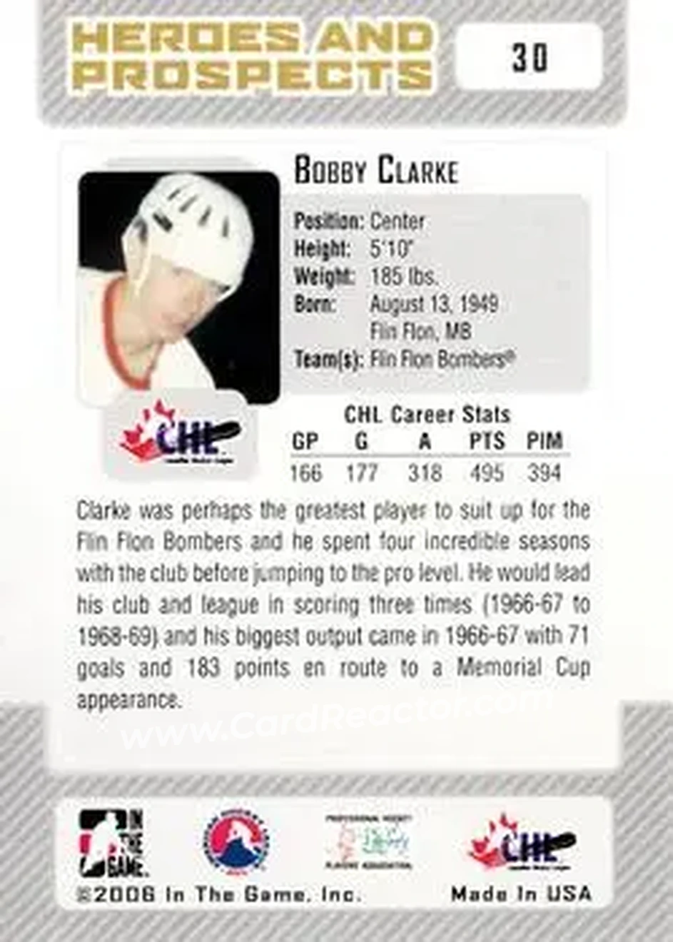 2006-07 In The Game Heroes and Prospects #30 - Bob Clarke - Flin Flon Bombers - Back