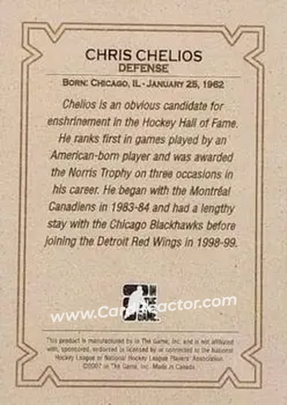 2006-07 In The Game Ultimate Memorabilia #NNO - Chris Chelios - Detroit Red Wings - Back