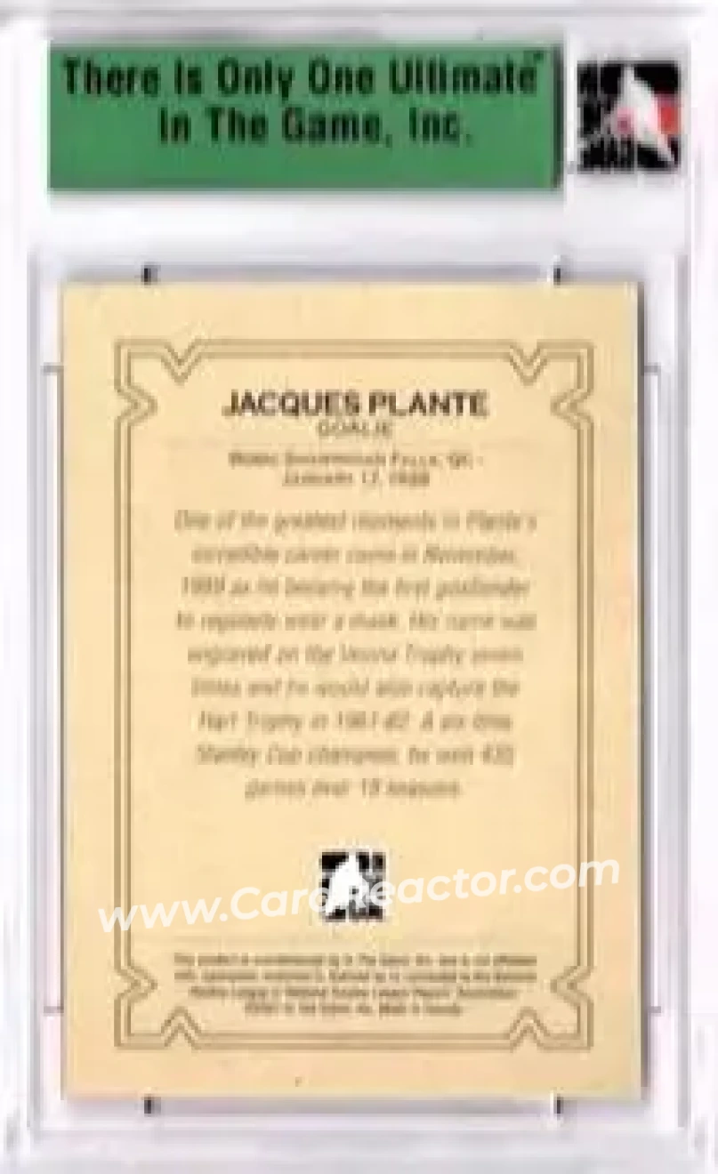 2006-07 In The Game Ultimate Memorabilia #NNO - Jacques Plante - Montreal Canadiens - Back