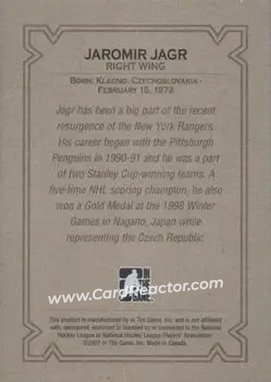 2006-07 In The Game Ultimate Memorabilia #NNO - Jaromir Jagr - New York Rangers - Back