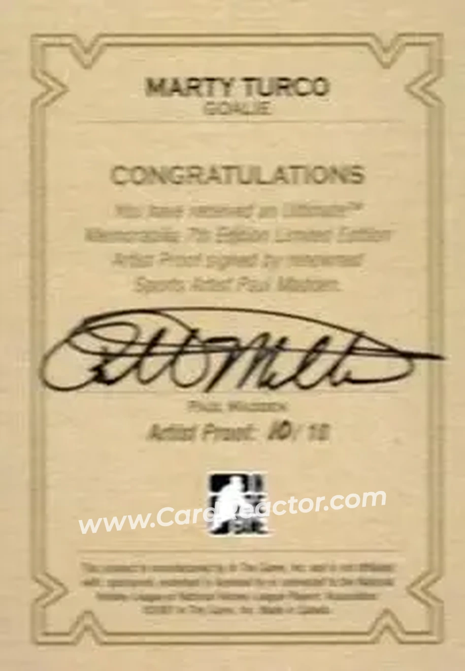 2006-07 In The Game Ultimate Memorabilia - Artist Proof #NNO - Marty Turco - Back 2006-07 In The Game Ultimate Memorabilia - Artist Proof #NNO - Marty Turco - Back