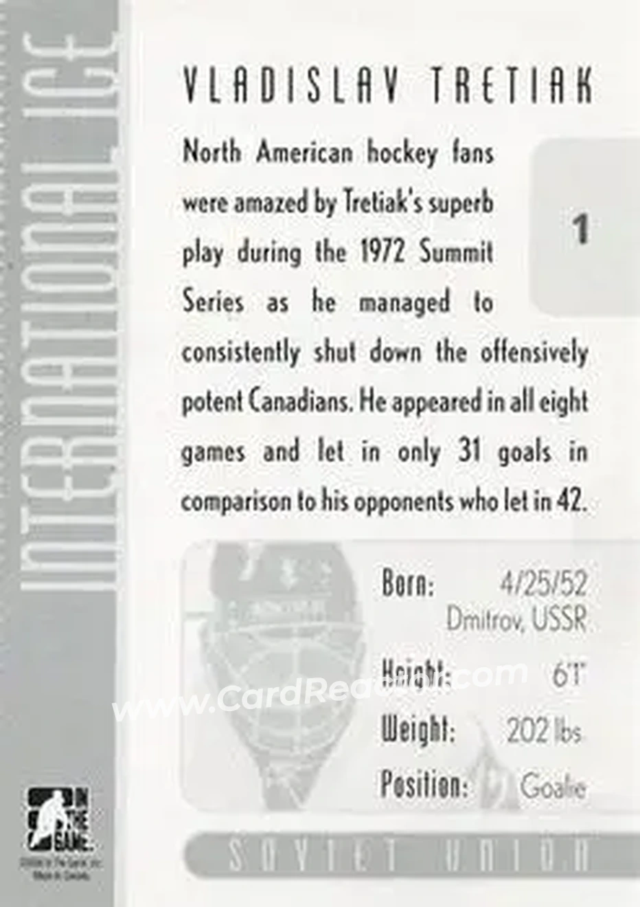 2006-07 In The Game Used International Ice #1 - Vladislav Tretiak - USSR - Back