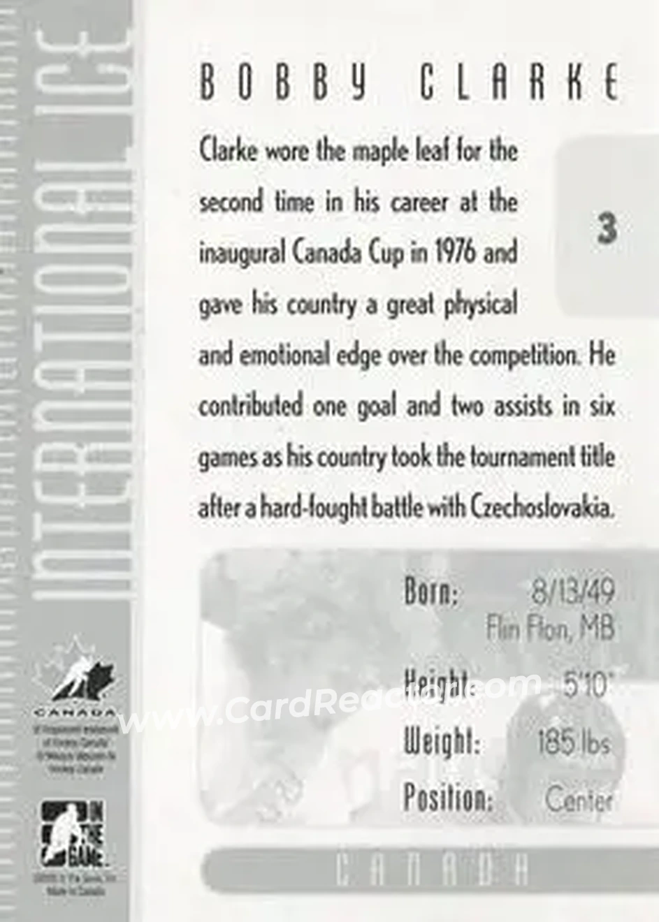 2006-07 In The Game Used International Ice #3 - Bob Clarke - Canada - Back