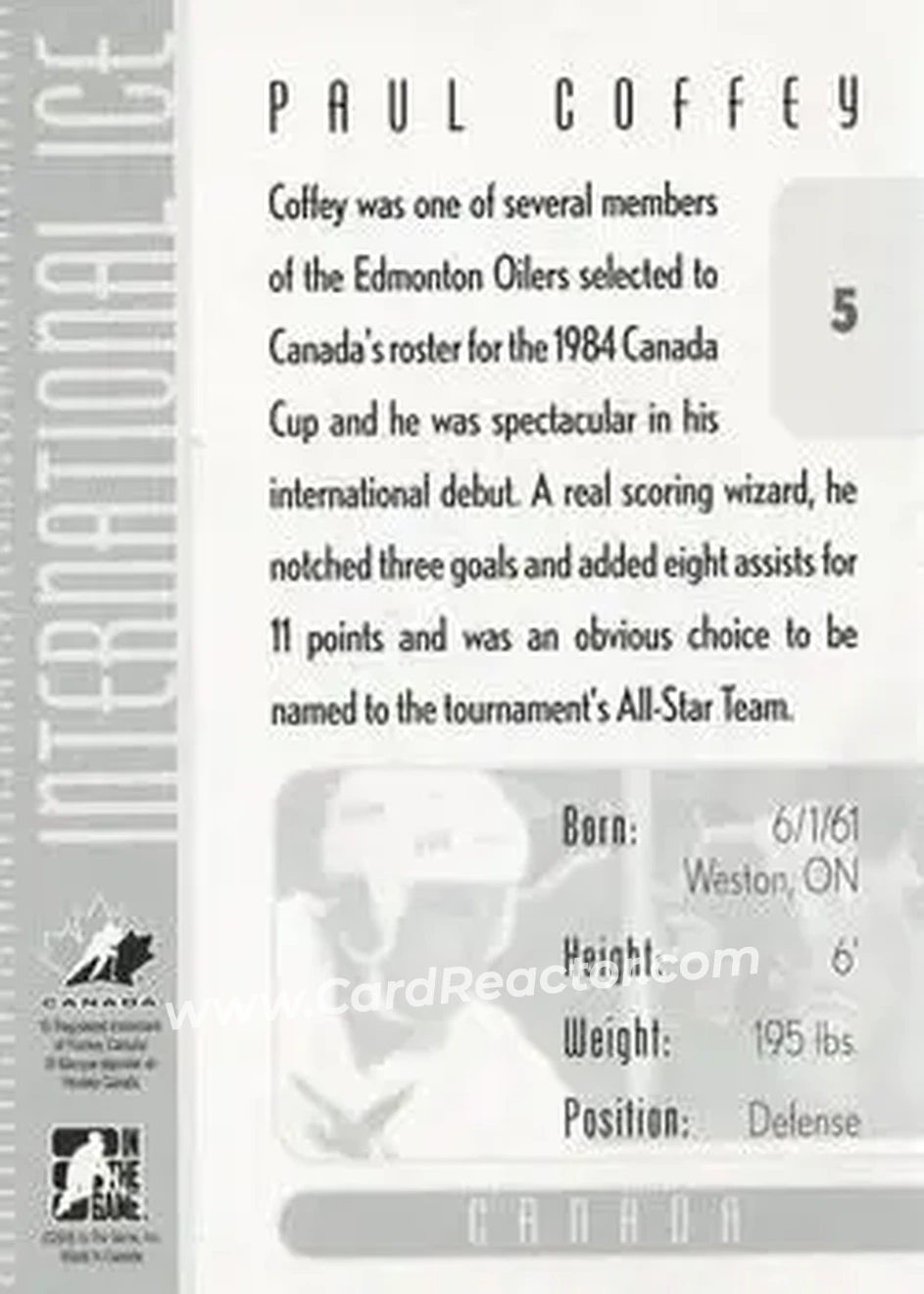 2006-07 In The Game Used International Ice #5 - Paul Coffey - Canada - Back