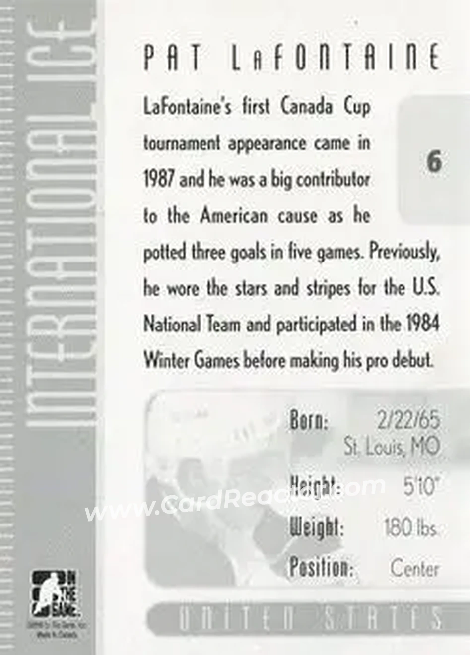 2006-07 In The Game Used International Ice #6 - Pat LaFontaine - USA - Back