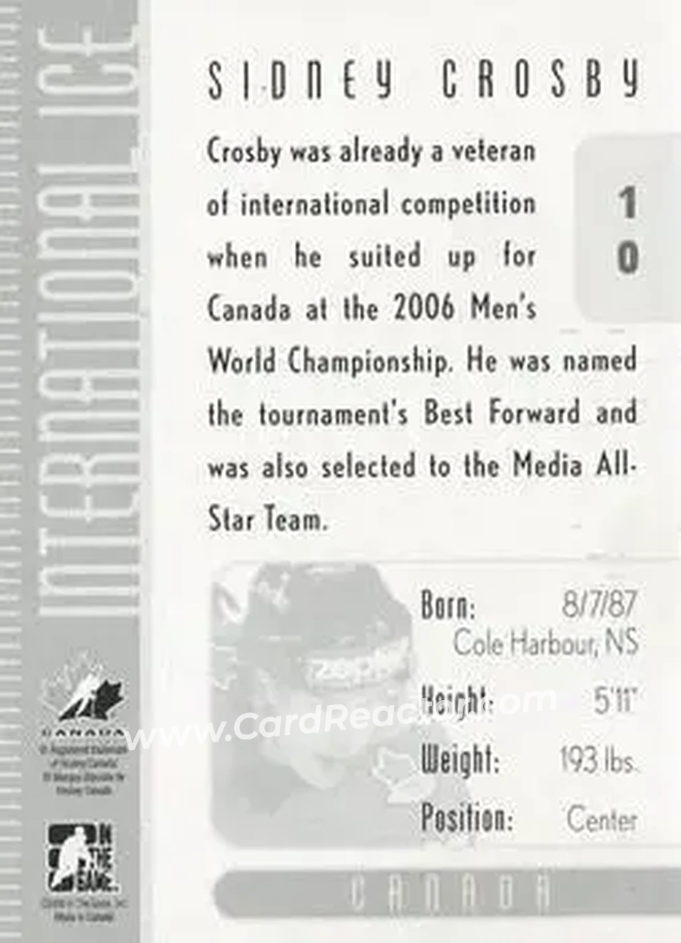 2006-07 In The Game Used International Ice #10 - Sidney Crosby - Canada - Back