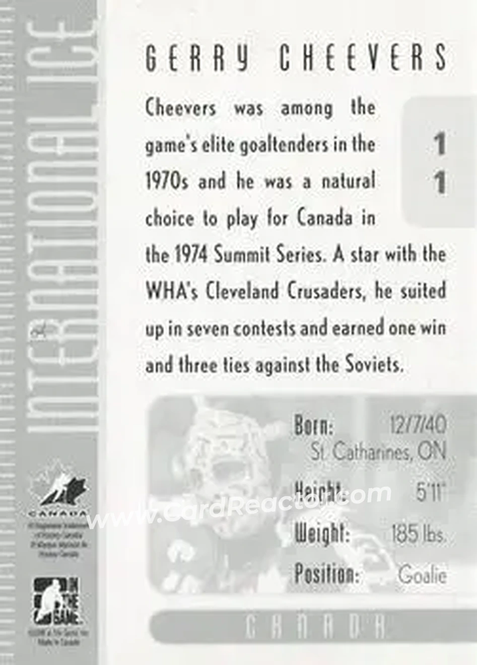 2006-07 In The Game Used International Ice #11 - Gerry Cheevers - Canada - Back