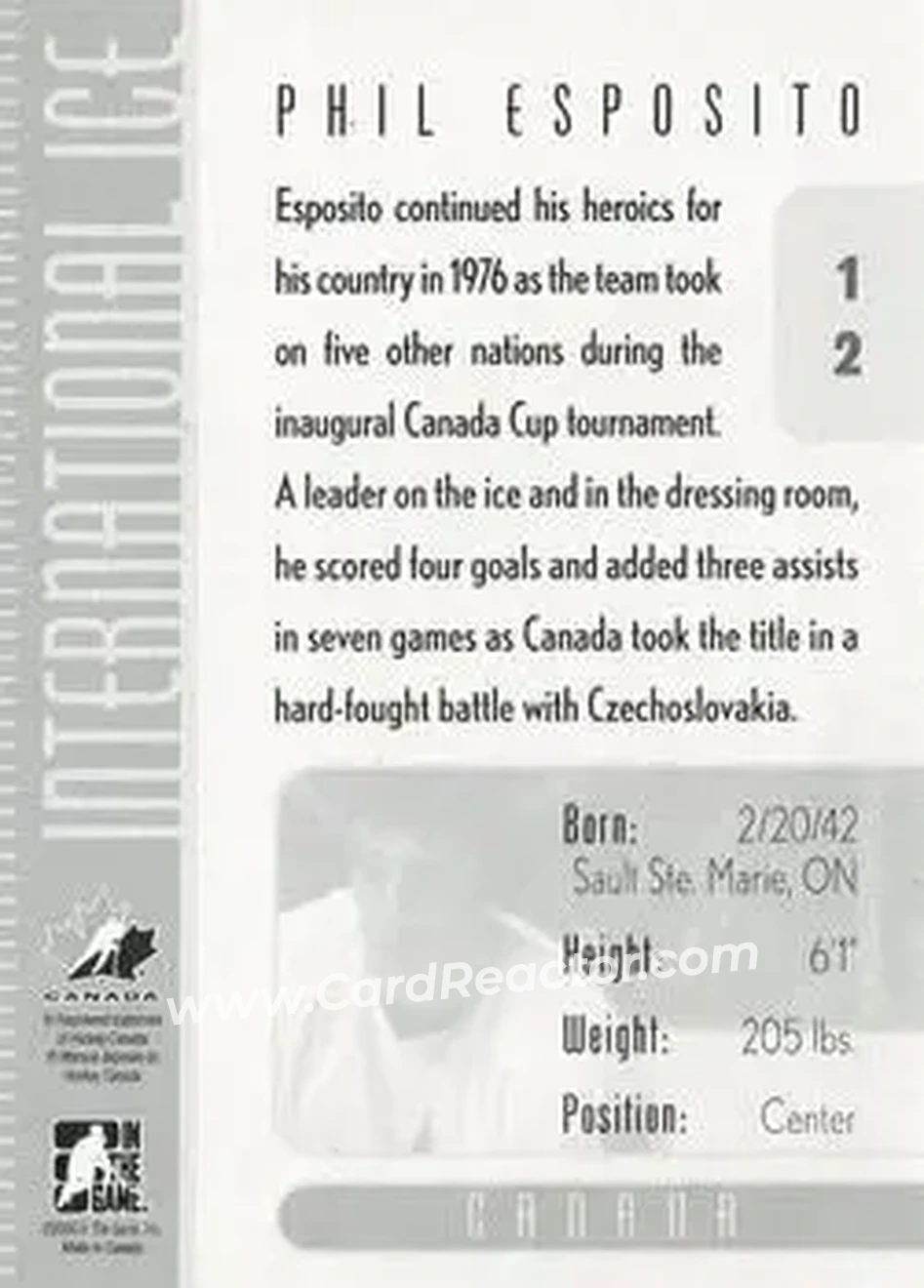 2006-07 In The Game Used International Ice #12 - Phil Esposito - Canada - Back