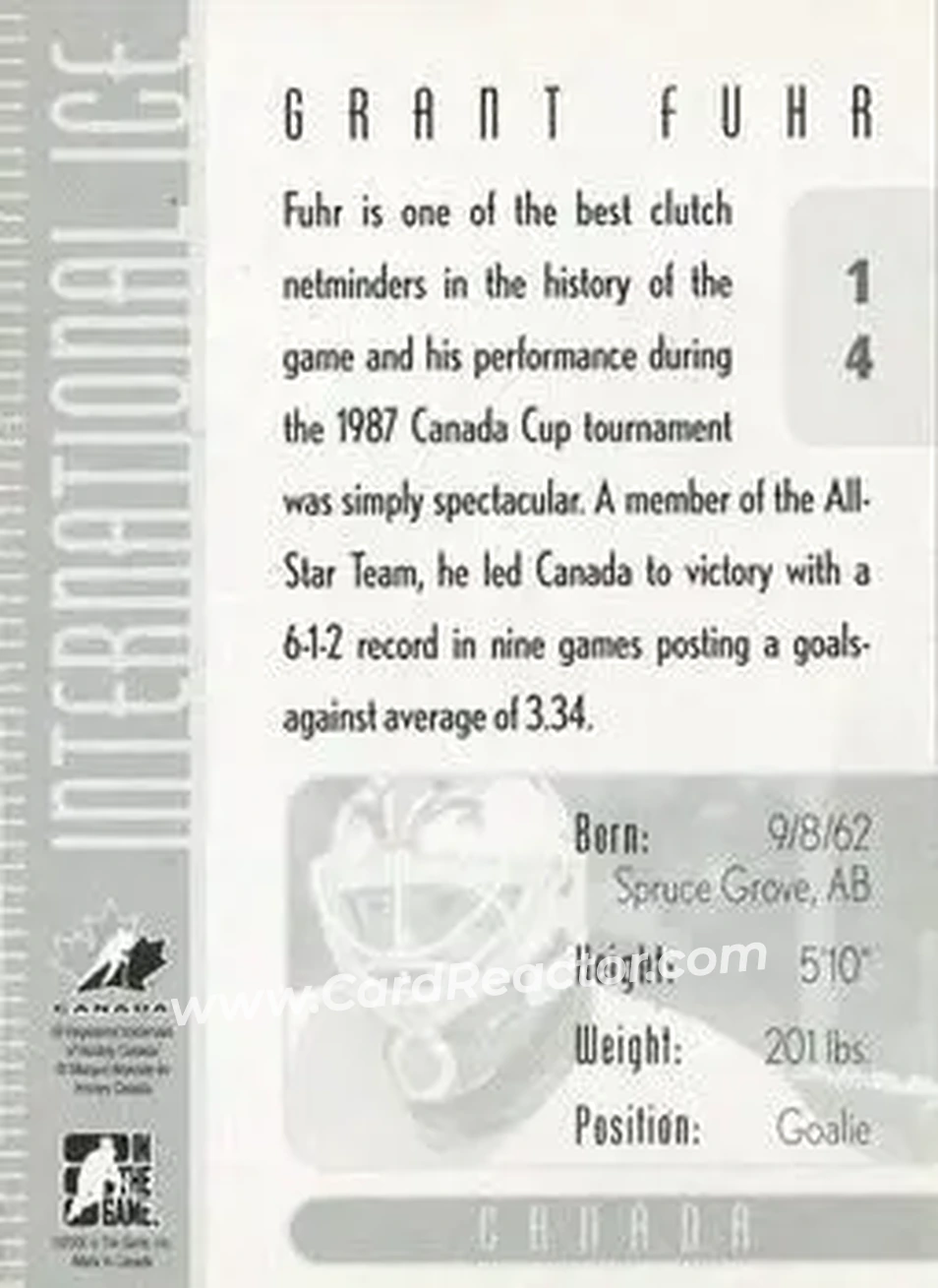 2006-07 In The Game Used International Ice #14 - Grant Fuhr - Canada - Back