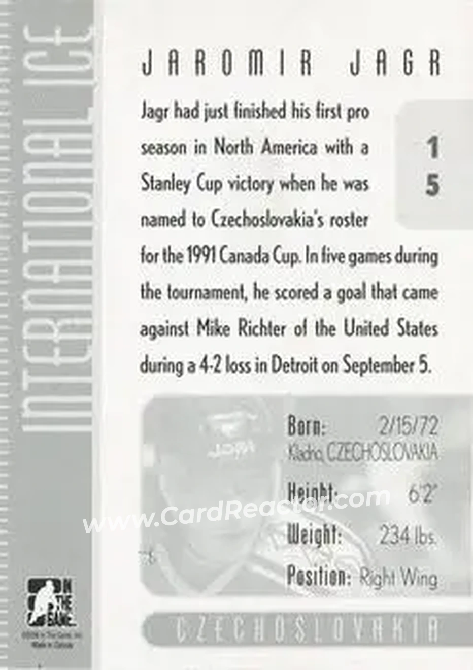 2006-07 In The Game Used International Ice #15 - Jaromir Jagr - Czechoslovakia - Back