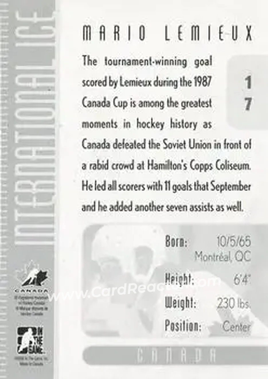 2006-07 In The Game Used International Ice #17 - Mario Lemieux - Canada - Back