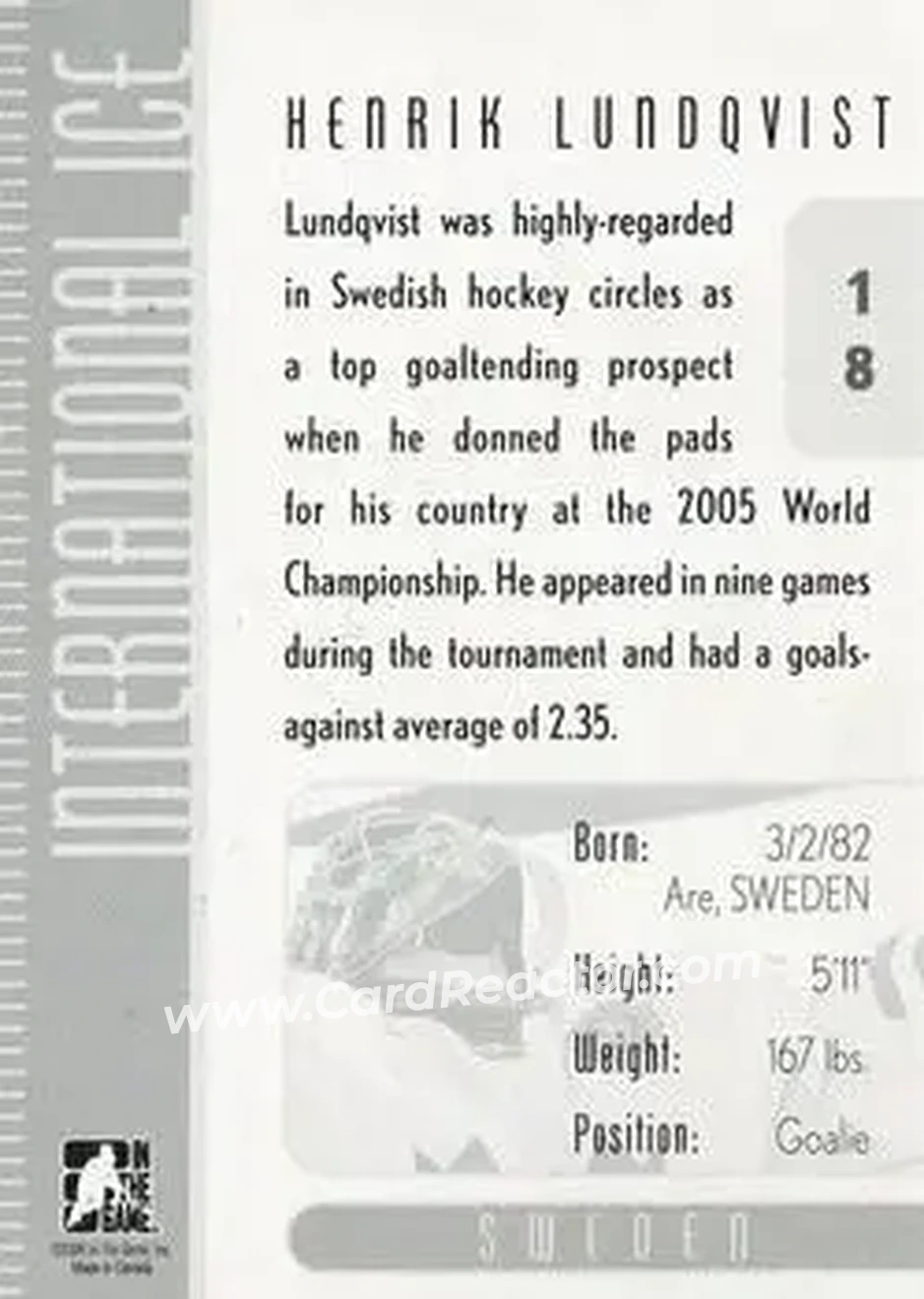 2006-07 In The Game Used International Ice #18 - Henrik Lundqvist - Sweden - Back
