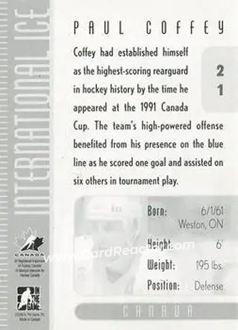 2006-07 In The Game Used International Ice #21 - Paul Coffey - Canada - Back 2006-07 In The Game Used International Ice #21 - Paul Coffey - Canada - Back