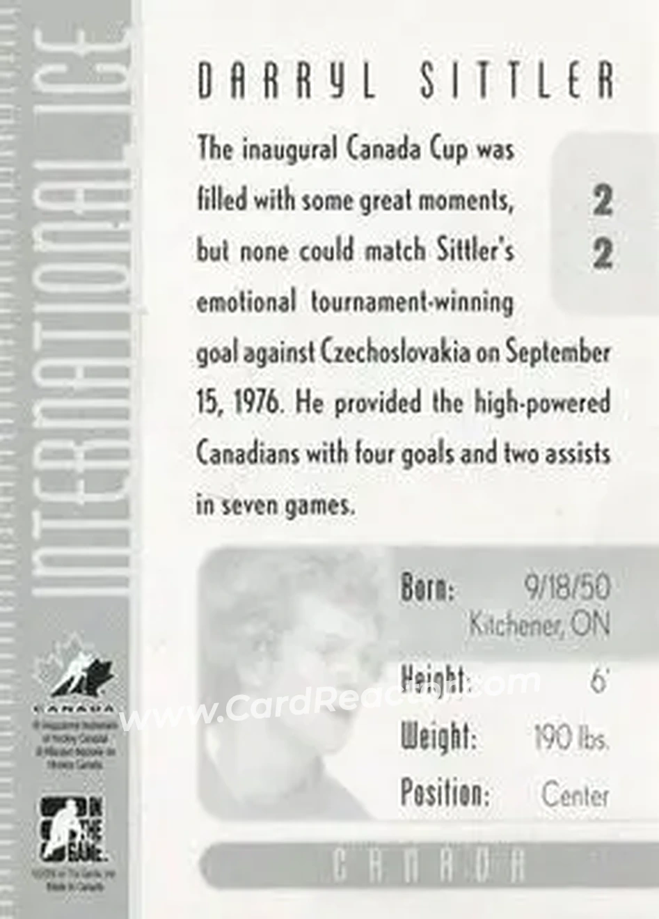2006-07 In The Game Used International Ice #22 - Darryl Sittler - Canada - Back 2006-07 In The Game Used International Ice #22 - Darryl Sittler - Canada - Back